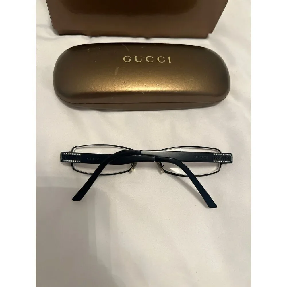 Gucci skinny rectangular black metal frame eyeglasses crystal accent